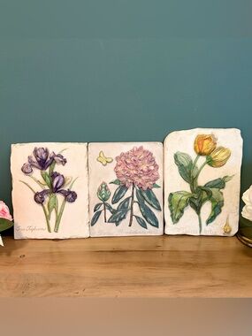 Hen Feathers Hand Painted Floral Wall Plaques Set 3 Tulip Iris Rhododendron